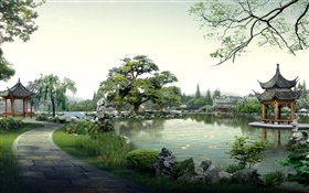 Beautiful park, lake, stones, pavilion, trees, path, 3D render design