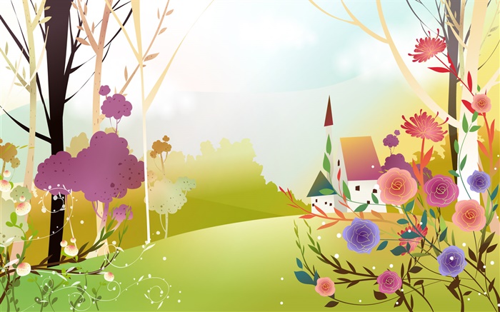 Beautiful spring, flowers, trees, sun, house, vector design Wallpapers Pictures Photos Images