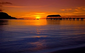 Beautiful sunset in Hawaii, USA, sea, red style, pier