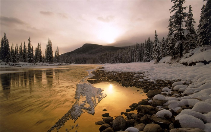 Beautiful sunset in winter, forest, snow, mountains, river Wallpapers Pictures Photos Images