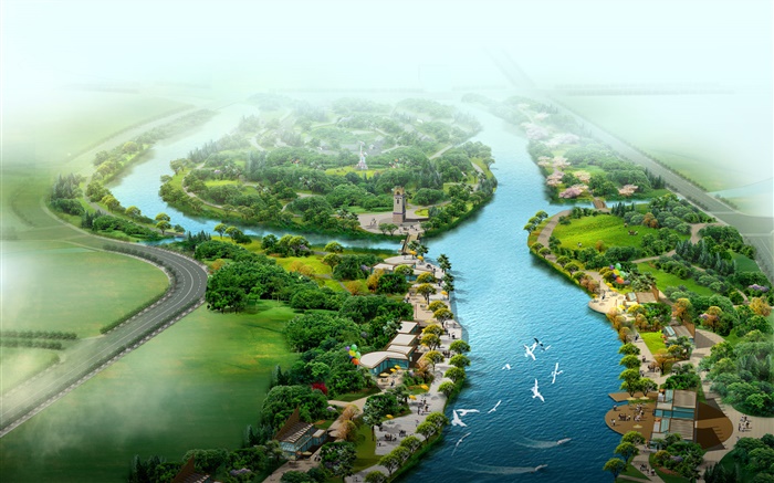 Beautiful top view the park, river, grass, trees, birds, 3D render design Wallpapers Pictures Photos Images