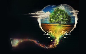 Beautiful tree, love heart, black background, creative design HD wallpaper