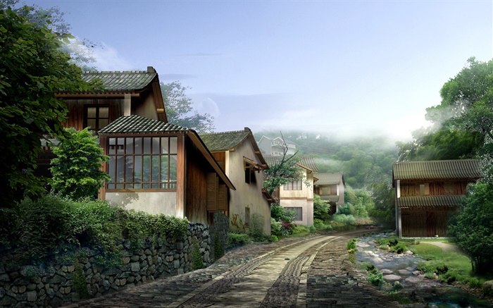 Beautiful village, houses, road, stones, fog, 3D render design Wallpapers Pictures Photos Images