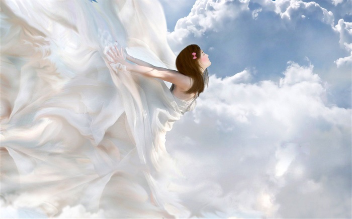 Beautiful white dress angel, fantasy girl, clouds Wallpapers Pictures Photos Images