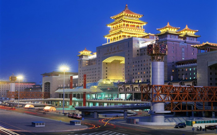 Beijing West Railway Station, night, city, lights, China Wallpapers Pictures Photos Images