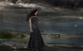 Black dress fantasy girl at rainy night, umbrella HD wallpaper