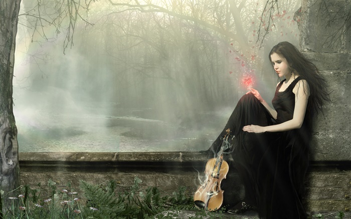 Black dress fantasy girl magic, violin Wallpapers Pictures Photos Images