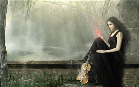 Black dress fantasy girl magic, violin HD wallpaper