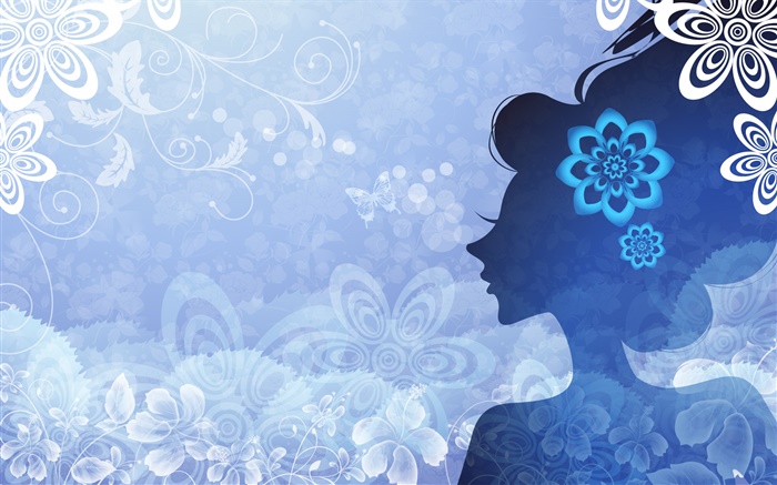 Blue background, vector girl, flowers, butterfly Wallpapers Pictures Photos Images