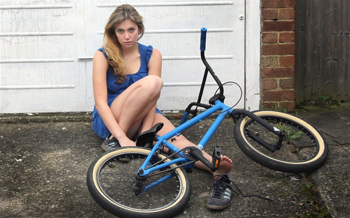 Blue dress girl, bike Wallpapers Pictures Photos Images