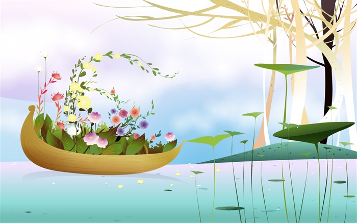 Boat, flowers, trees, river, spring season, creative, vector design Wallpapers Pictures Photos Images