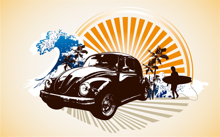 Car, palm trees, man, coast, tropical, vector pictures Wallpapers Pictures Photos Images