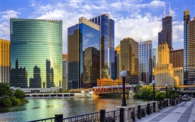 Chicago city, Illinois, USA, skyscrapers, river, bridge HD wallpaper
