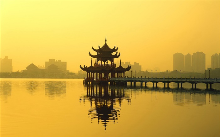 Chinese landscape, a pavilion, lake, dusk Wallpapers Pictures Photos Images