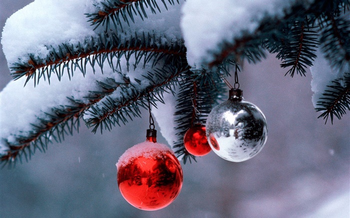 Christmas balls, tree, twigs, thick snow Wallpapers Pictures Photos Images