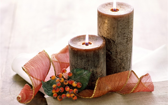Christmas, candles, fire, berries, ribbon Wallpapers Pictures Photos Images