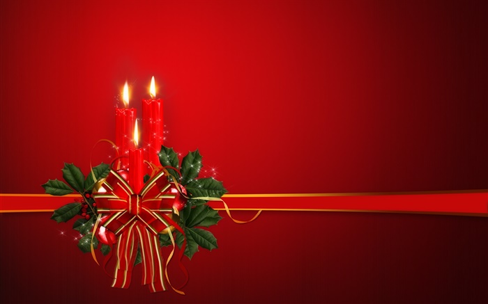 Christmas theme, ribbon, candles, red background Wallpapers Pictures Photos Images