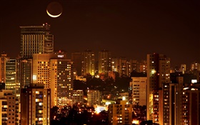 City night, houses, lights, moon HD wallpaper