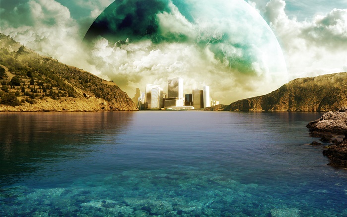 City, planet, clouds, mountains, lake, creative design Wallpapers Pictures Photos Images
