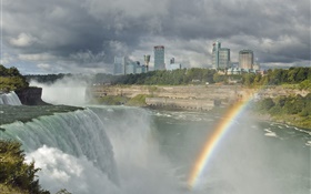 City, waterfalls, river, rainbow, clouds HD wallpaper