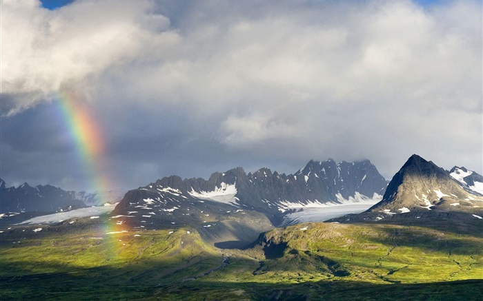 Cloudy sky, mountains, grass, rainbow Wallpapers Pictures Photos Images