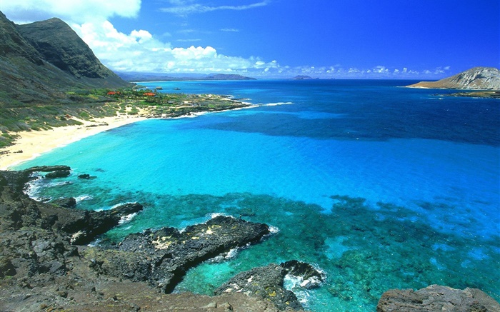 Coast, blue sea and sky, Hawaii, USA Wallpapers Pictures Photos Images