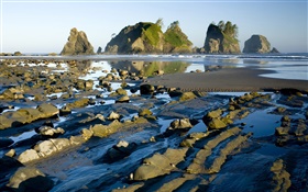 Coast, rocks, water, dusk HD wallpaper
