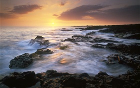 Coast, sea, sunset, sun HD wallpaper