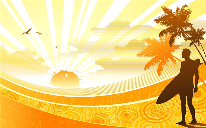 Coast, tropical, palm trees, sun, man, vector design Wallpapers Pictures Photos Images
