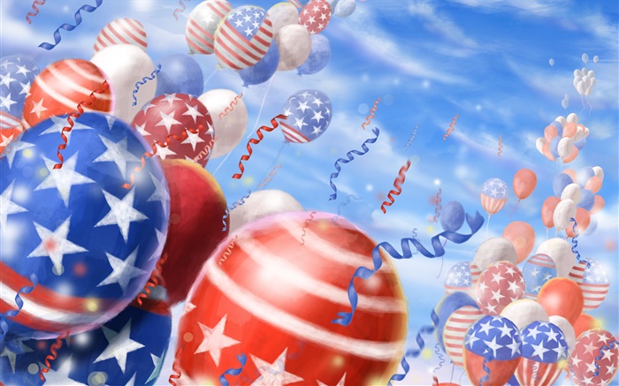 Colorful balloons, festival, sky, American flag Wallpapers Pictures Photos Images