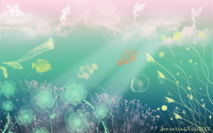 Creative design, art, underwater, sea, fish, flowers, angel Wallpapers Pictures Photos Images