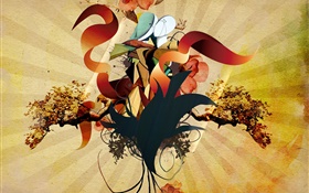 Creative design, colorful, twigs, flowers, ribbon HD wallpaper