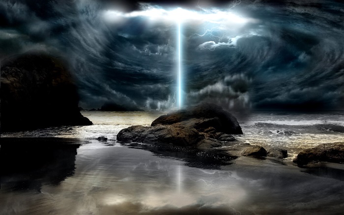 Creative design, storm, lightning, clouds, sea, stones Wallpapers Pictures Photos Images