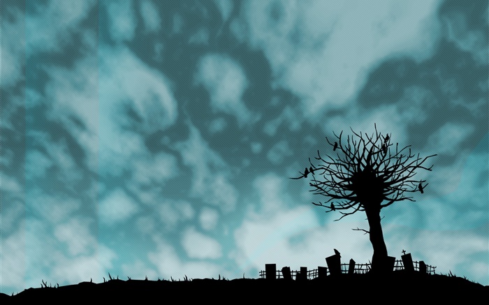 Creative pictures, black shape, tree, birds, fence, clouds Wallpapers Pictures Photos Images