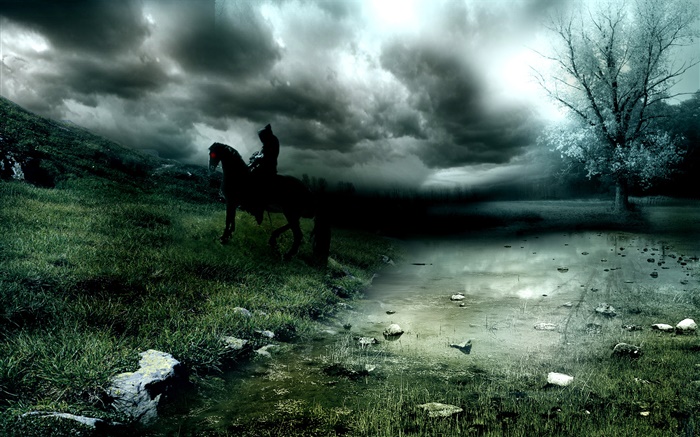 Creative pictures, grass, horse, river, trees, clouds Wallpapers Pictures Photos Images