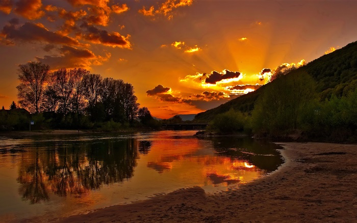 Dawn, morning, sunrise, river, trees, red sky, clouds Wallpapers Pictures Photos Images