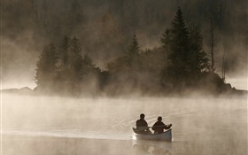 Dawn, river, boat, mist HD wallpaper