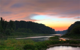 Dawn, river, trees, sunrise, fog HD wallpaper