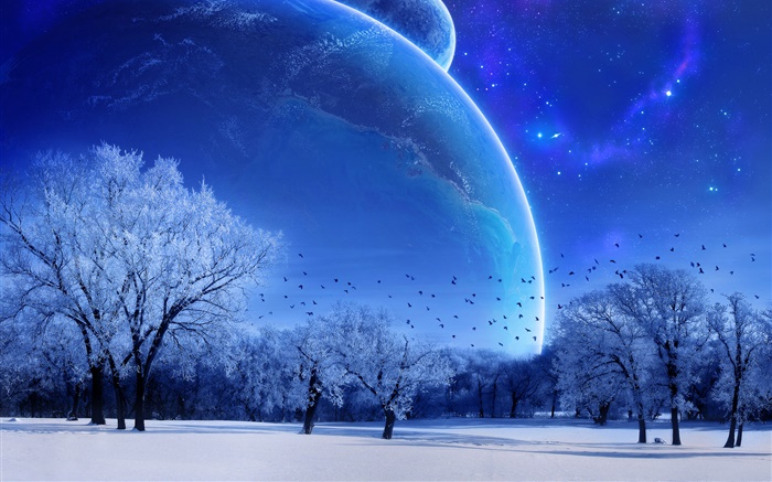 Dream world, winter, trees, birds, planets, blue style Wallpapers Pictures Photos Images