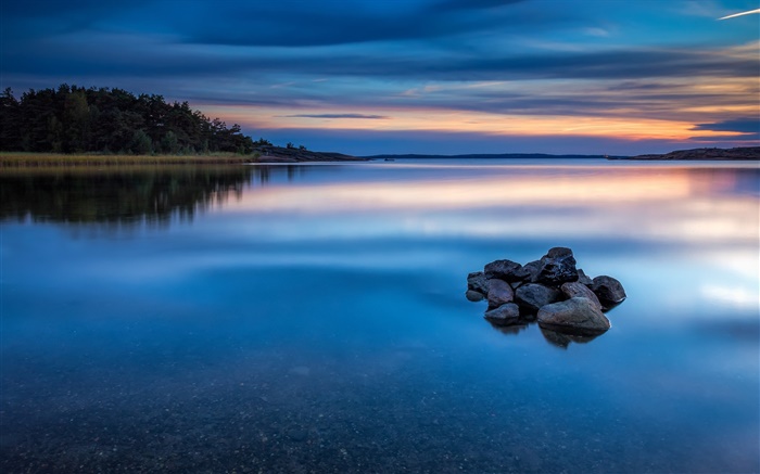 Dusk, lake, water, stones, trees, Norway nature landscape Wallpapers Pictures Photos Images