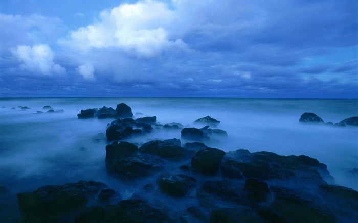 Dusk, sea, coast, rocks, clouds, blue style Wallpapers Pictures Photos Images