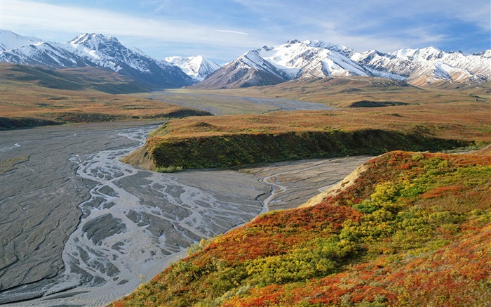 East Fork River, mountains, autumn, Denali National Park, Alaska, USA Wallpapers Pictures Photos Images
