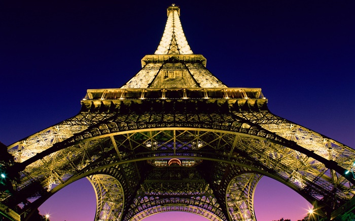 Eiffel Tower, look up, lights, night, Paris, France Wallpapers Pictures Photos Images
