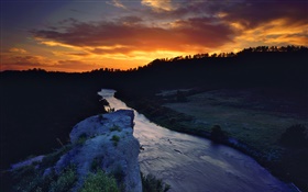 Evening, dusk, river, trees, sunset HD wallpaper