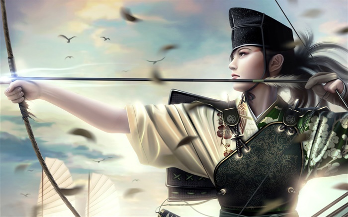 Fantasy Asian girl, warrior, bow, boat Wallpapers Pictures Photos Images