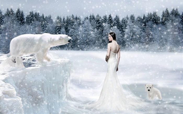 Fantasy girl and polar bears, cold Wallpapers Pictures Photos Images