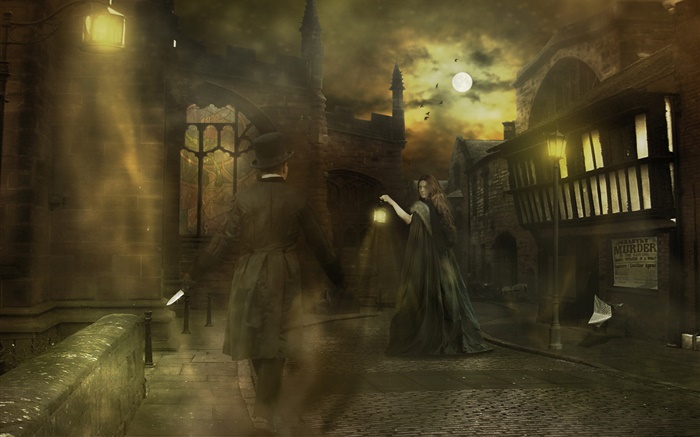 Fantasy girl at night town, street, birds, moon Wallpapers Pictures Photos Images