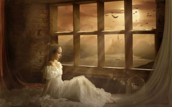 Fantasy girl at window side, moon, night Wallpapers Pictures Photos Images