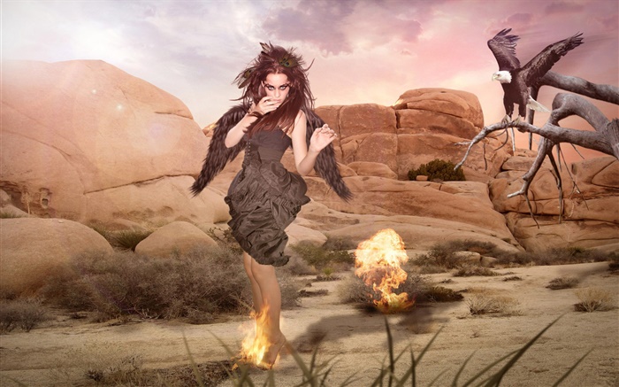 Fantasy girl, black wings, rocks, fire Wallpapers Pictures Photos Images
