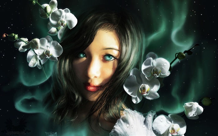 Fantasy girl, blue eyes, orchids Wallpapers Pictures Photos Images